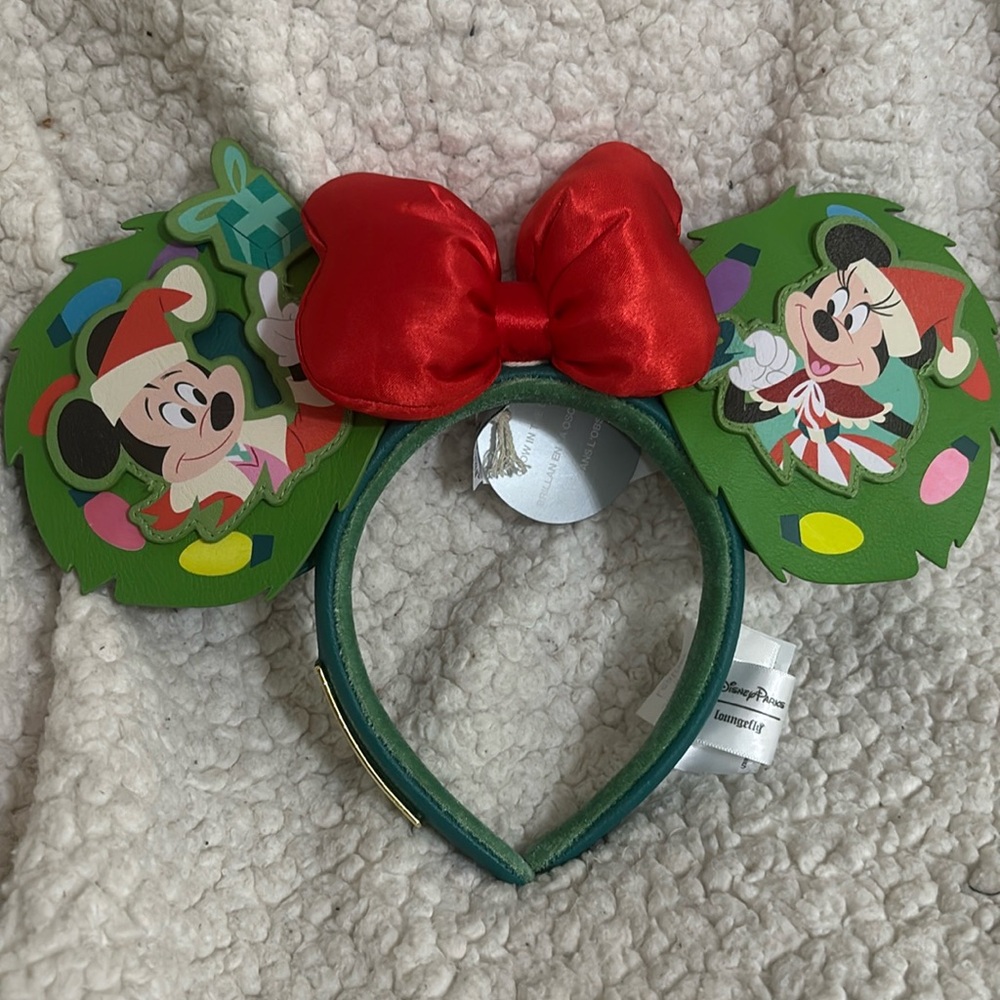 NWT Disney Parks 2023 Christmas Mickey Minnie Mouse Bow Ear Headband Loungefly